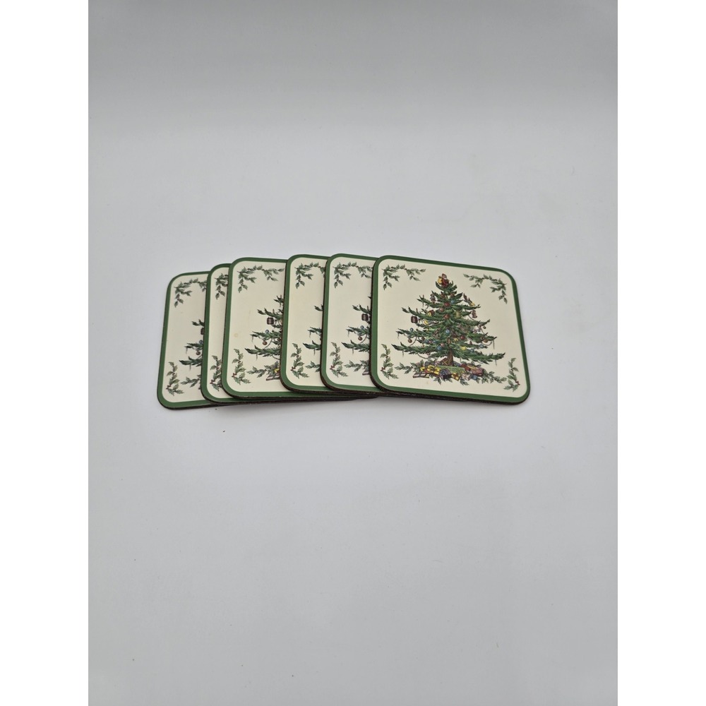 Vintage Spode Christmas Tree Pimpernel Hard Coasters Cork Back Set Of 6